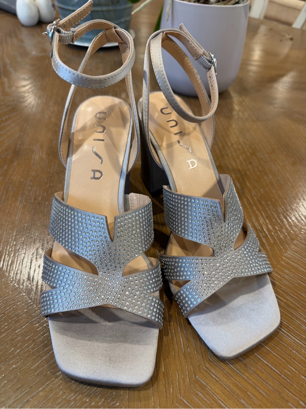 Unisa Silver Rhinestone Strappy Block-Heel Sandals